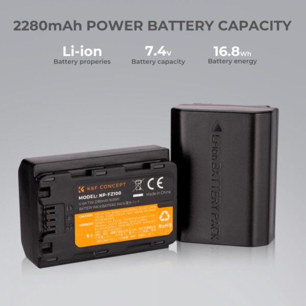 K&F Concept Battery for SONY NP-FZ100 2000mAh 2PCS + Dual Slot Charger