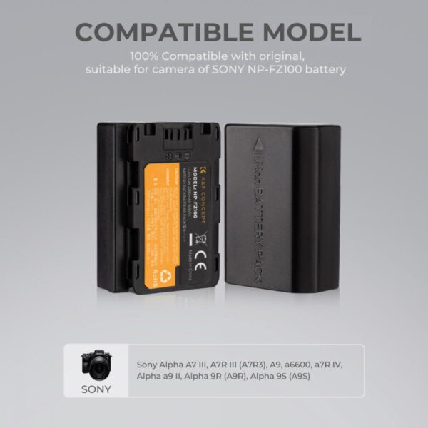 K&F Concept Battery for SONY NP-FZ100 2000mAh 2PCS + Dual Slot Charger