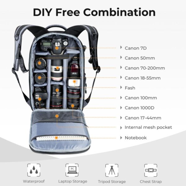 Professional Camera Backpack Large Size Photography Bag Compatible with Camera DSLR, 14.4'' Laptop,Tripod - Backpack 18L Nature Wander 04 (Grey)