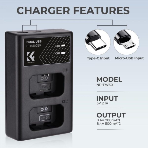 NP-FW50 Battery Charger, Dual Slot Quick Charger for Sony A6000, A6500, A6300, A6400, A7, A7II, A7RII, A7SII, A7S, A7S2, A7R, A7R2, A55, A5100, A5000 Camera