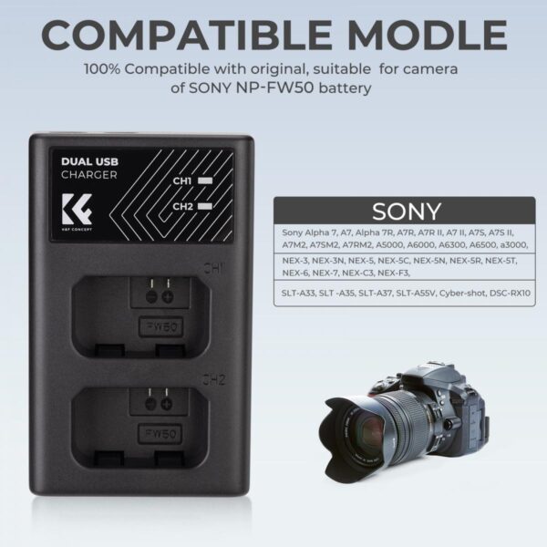 NP-FW50 Battery Charger, Dual Slot Quick Charger for Sony A6000, A6500, A6300, A6400, A7, A7II, A7RII, A7SII, A7S, A7S2, A7R, A7R2, A55, A5100, A5000 Camera