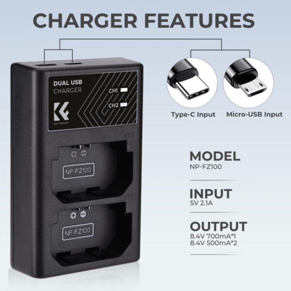 NP-FZ100 Battery Charger, Dual Slot Quick Charger for Sony Alpha A7 III, A7R III (A7R3), A9, a6600, a7R IV, Alpha a9 II Camera