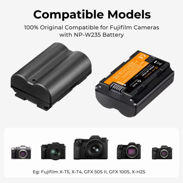 2200mAh NP-W235 Battery and Charger for Fujifilm X-T5, X-S20, X-H2, X-H2S, GFX 100S, GFX 50S II, X-T4, 2 Pack Battery