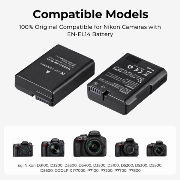 EN-EL14 Battery and Charger for Nikon EN-EL14 Battery, with Dual Charging Slot, Fit for Nikon D3500 D5600 D3200 D3300 D3400 D5500 Coolpix P7800 P7700 P7200 P7100 P7000 (1050mAh*2)