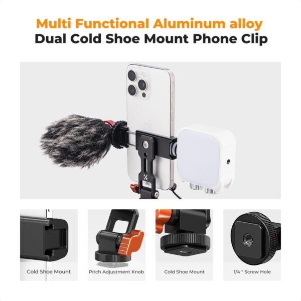 K&F Concept Metal Phone Tripod Mount,Universal Smartphone Stand with 2 Cold Shoe Mount, Adjustable Cellphone Holder for Horizontal and Vertical Shooting, Compatible with iPhone/Samsung and All Phones