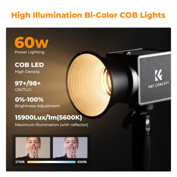K&F Concept PL-60B 60W COB Photography light with Built-in 4500mAh Battery, supports Type-C PD Fast Charging, 12 Light Effects, Video Light for Shooting on The Move with Handle and Storage Bag