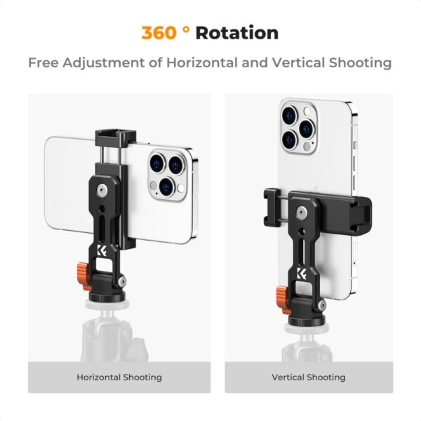 K&F Concept Metal Phone Tripod Mount,Universal Smartphone Stand with 2 Cold Shoe Mount, Adjustable Cellphone Holder for Horizontal and Vertical Shooting, Compatible with iPhone/Samsung and All Phones