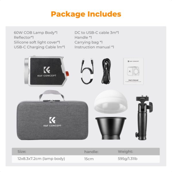 K&F Concept PL-60B 60W COB Photography light with Built-in 4500mAh Battery, supports Type-C PD Fast Charging, 12 Light Effects, Video Light for Shooting on The Move with Handle and Storage Bag