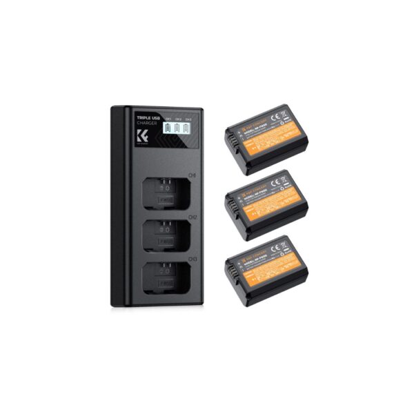 NP-FW50 Battery and Three Slot Charger, 3-Pack Replacement Battery for Sony ZV-E10, A6000, A6300, A6400, A6500, A5000, A5100, A7, A7II, A7R, A7RII, A7S, A7SII, RX10, 1100mAh