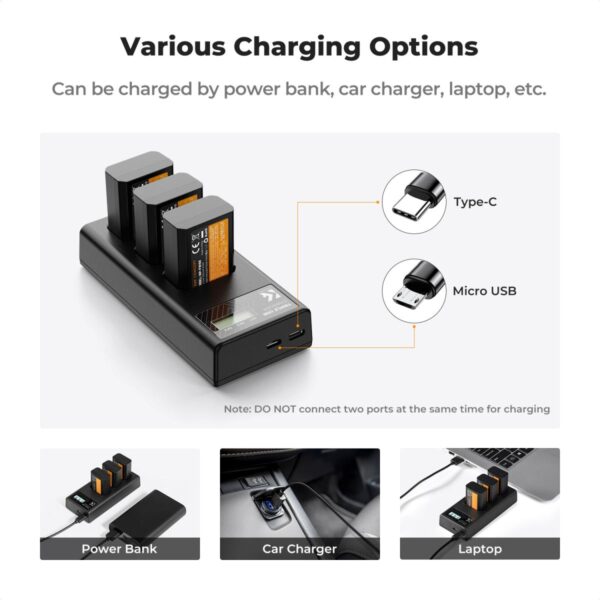 NP-FW50 Battery and Three Slot Charger, 3-Pack Replacement Battery for Sony ZV-E10, A6000, A6300, A6400, A6500, A5000, A5100, A7, A7II, A7R, A7RII, A7S, A7SII, RX10, 1100mAh