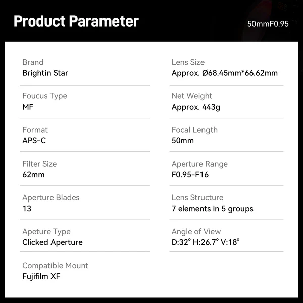 Brightin Star 50mm F0.95 APS-C Night God Portrait Star Manual Fixed Focus Lens Suitable For Fuji X (Silver)