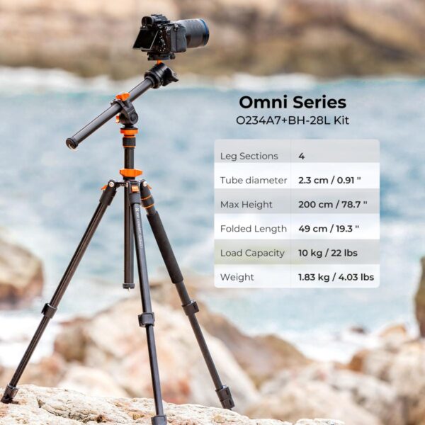 78"/2m Overhead Aluminum DSLR Tripod Compact Portable Vlog Tripod Monopod 22lbs/10kg Load with Rotatable 360° Center Column K234A7+BH-28L (S210)