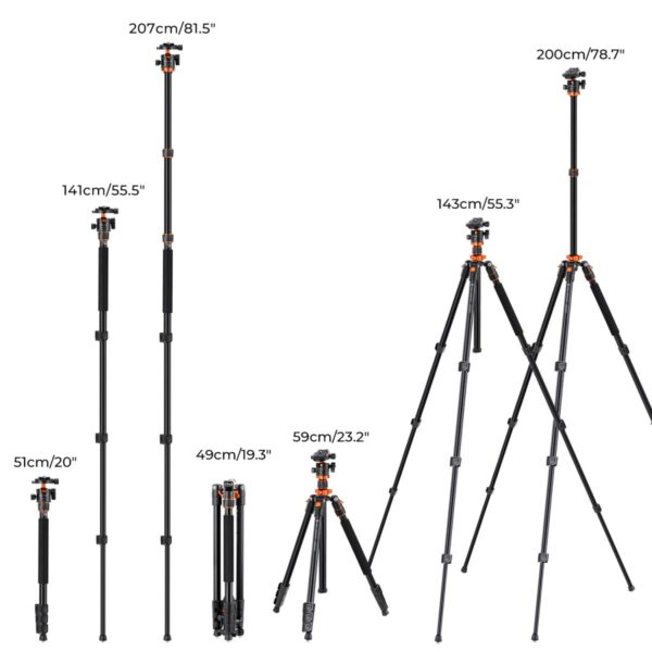 78"/2m Overhead Aluminum DSLR Tripod Compact Portable Vlog Tripod Monopod 22lbs/10kg Load with Rotatable 360° Center Column K234A7+BH-28L (S210)
