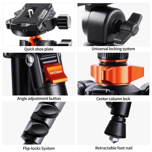 78"/2m Overhead Aluminum DSLR Tripod Compact Portable Vlog Tripod Monopod 22lbs/10kg Load with Rotatable 360° Center Column K234A7+BH-28L (S210)