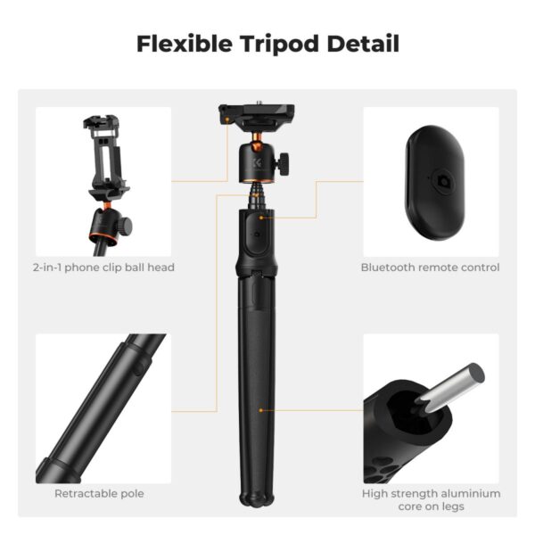 K&F Concept Phone Tripod, Extendable Flexible Tripod with Remote 24in Small Tripod for iPhone, Mini Tripod Max Load 4.4lb for iPhone 16 15 14 Pro Max XS Max X 8 Samsung Canon Nikon Sony Cameras.