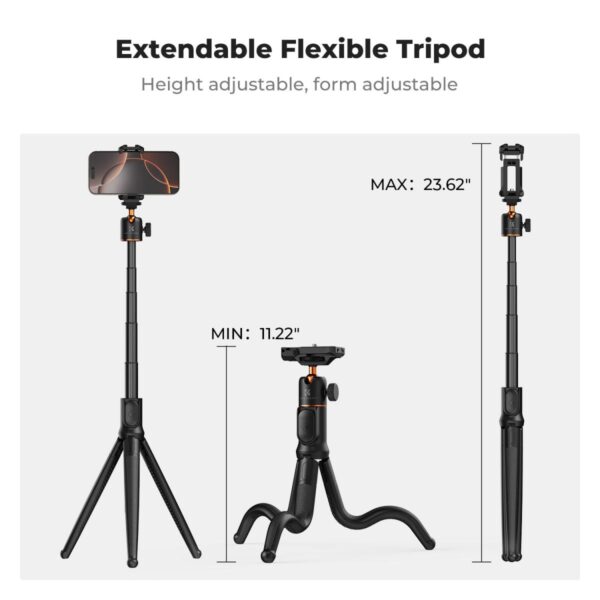 K&F Concept Phone Tripod, Extendable Flexible Tripod with Remote 24in Small Tripod for iPhone, Mini Tripod Max Load 4.4lb for iPhone 16 15 14 Pro Max XS Max X 8 Samsung Canon Nikon Sony Cameras.