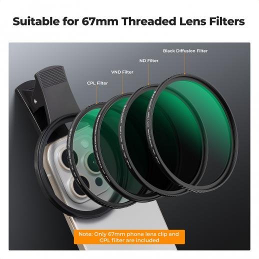 K&F 67mm universal screw-on phone holder, with K series CPL filter, lens coating, and a vacuum cleaning cloth - Gambar 5