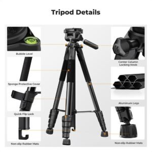 K&F Concept 75" Lightweight Tripod, Camera Compact Tripod with Remote and 2-in-1 Phone Holder,Travel Phone Tripod with Removable 3-Way Pan Head for Selfie/Video Recording/Photo/Live Stream/Vlog