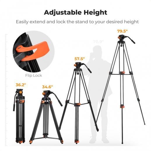 K&F Concept 80" Video Tripod with Fluid Head - Aluminum Heavy Duty Camera Tripod with Smooth Friction Damping - Gambar 3