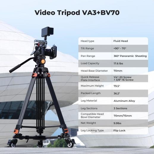 K&F Concept 80" Video Tripod with Fluid Head - Aluminum Heavy Duty Camera Tripod with Smooth Friction Damping - Gambar 4