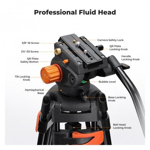 K&F Concept 80" Video Tripod with Fluid Head - Aluminum Heavy Duty Camera Tripod with Smooth Friction Damping - Gambar 5