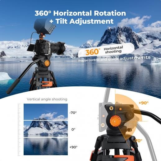 K&F Concept 80" Video Tripod with Fluid Head - Aluminum Heavy Duty Camera Tripod with Smooth Friction Damping - Gambar 6