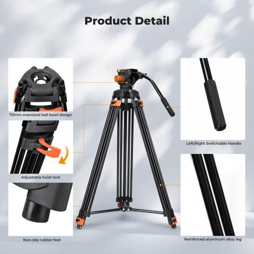 K&F Concept 80" Video Tripod with Fluid Head - Aluminum Heavy Duty Camera Tripod with Smooth Friction Damping - Gambar 9