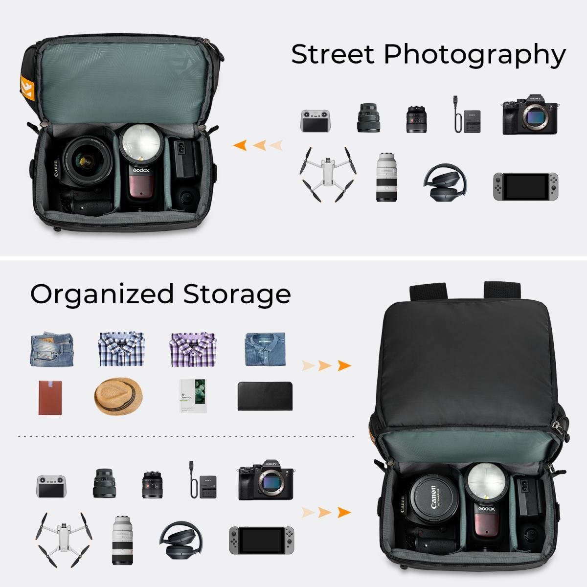 K&F Concept Collapsible Camera Bag 2 Way 22L for Photographers Business Trip / Travel / Everyday Bag - Sling Bag10L Urban Wander 03 (Black ) - Gambar 4