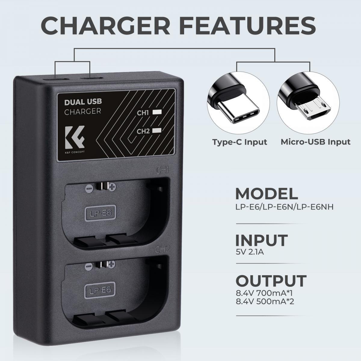 LP-E6/LP-E6N/LP-E6NH Battery Charger, Dual Slot Quick Charger for Canon EOS R5, EOS R6, EOS R, EOS 5D Mark IV, 5D Mark III, 5DS, 5DS R, 5D Mark II, 6D Camera - Gambar 5