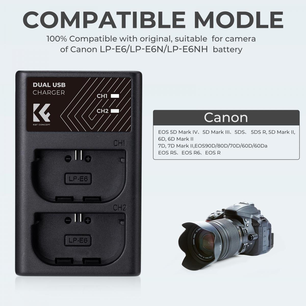 LP-E6/LP-E6N/LP-E6NH Battery Charger, Dual Slot Quick Charger for Canon EOS R5, EOS R6, EOS R, EOS 5D Mark IV, 5D Mark III, 5DS, 5DS R, 5D Mark II, 6D Camera - Gambar 4