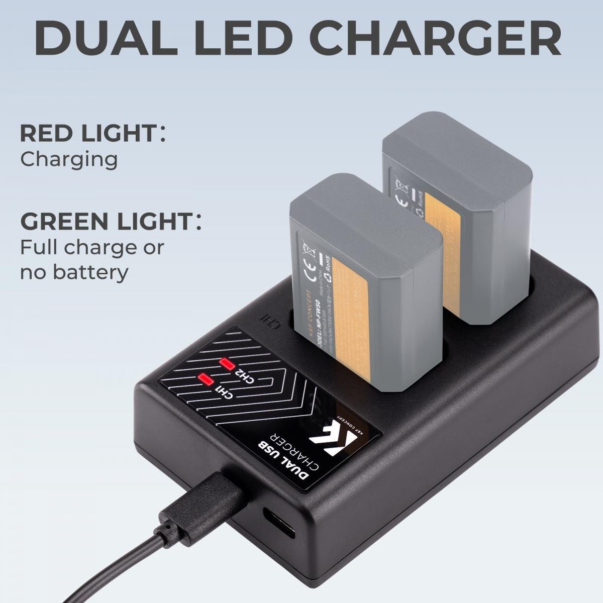 NP-FW50 Battery Charger, Dual Slot Quick Charger for Sony A6000, A6500, A6300, A6400, A7, A7II, A7RII, A7SII, A7S, A7S2, A7R, A7R2, A55, A5100, A5000 Camera - Gambar 8