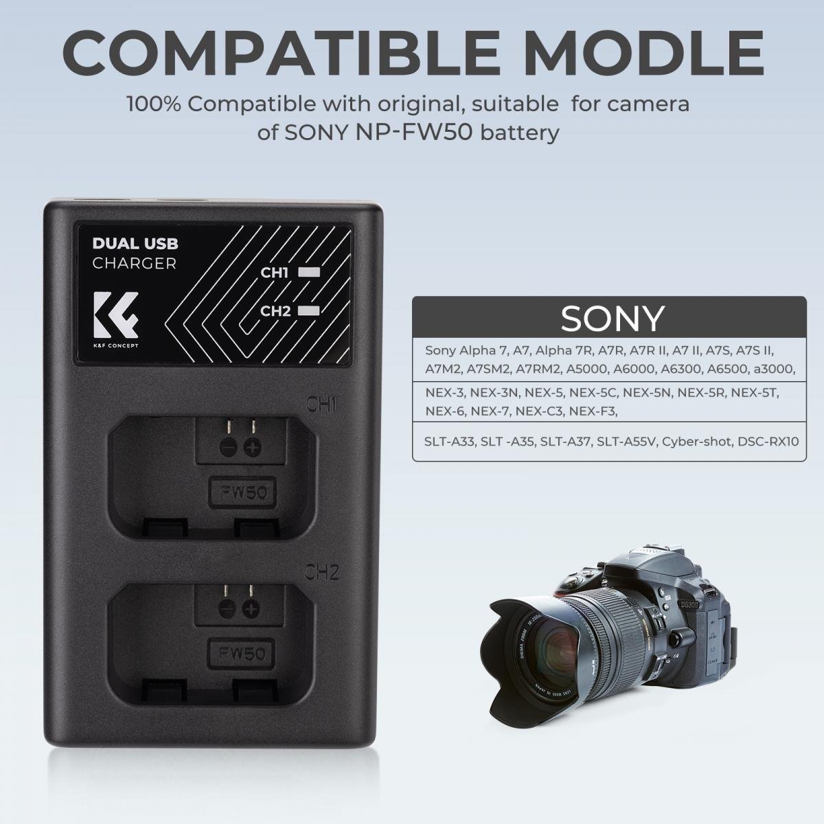 NP-FW50 Battery Charger, Dual Slot Quick Charger for Sony A6000, A6500, A6300, A6400, A7, A7II, A7RII, A7SII, A7S, A7S2, A7R, A7R2, A55, A5100, A5000 Camera - Gambar 4