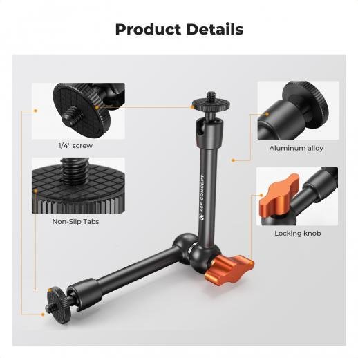 K&F Concept 9.8" Magic Arm Camera Mount with Dual 360° Ball Heads & 1/4" Screw for DSLR, Monitor, LED Light, Flash, Microphone & Camera Cage - Gambar 3
