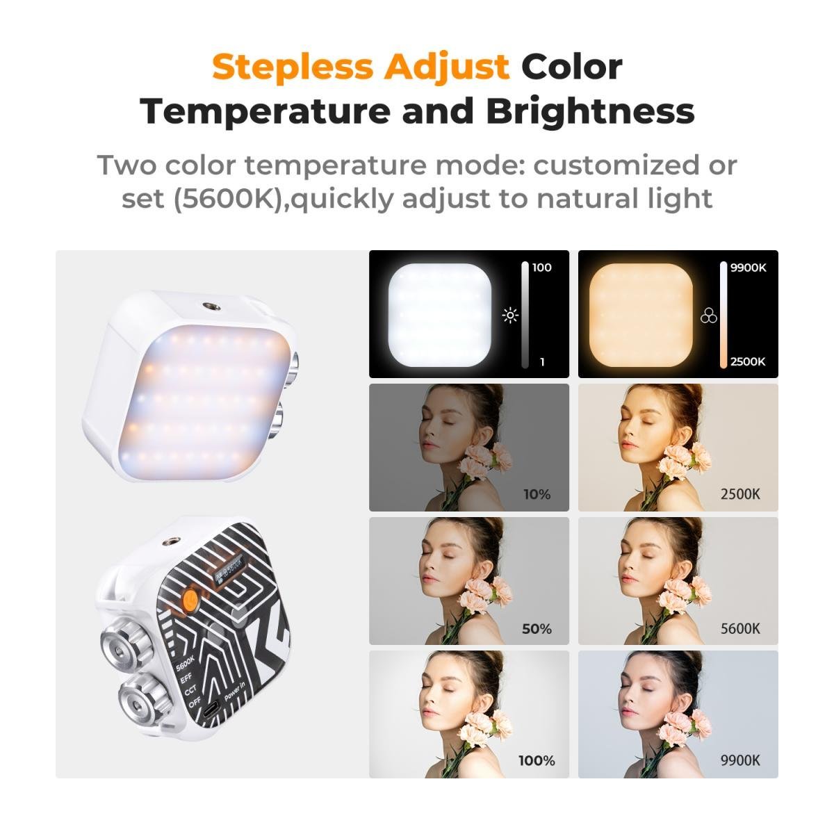 K&F Concept Bi-Color LED Video Light, 2000mAh Rechargeable Portable Camera Lights, CRI 96+, 2500K-9900K, 15 Light Effects, Photography Lighting for Vlogging, Selfie (White) - Gambar 6