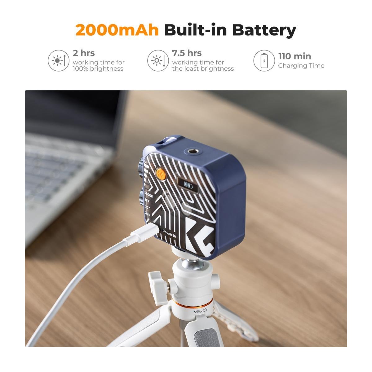 K&F Concept Bi-Color LED Video Light, 2000mAh Rechargeable Portable Camera Lights, CRI 96+, 2500K-9900K, 15 Light Effects, Photography Lighting for Vlogging, Selfie (Blue) - Gambar 4