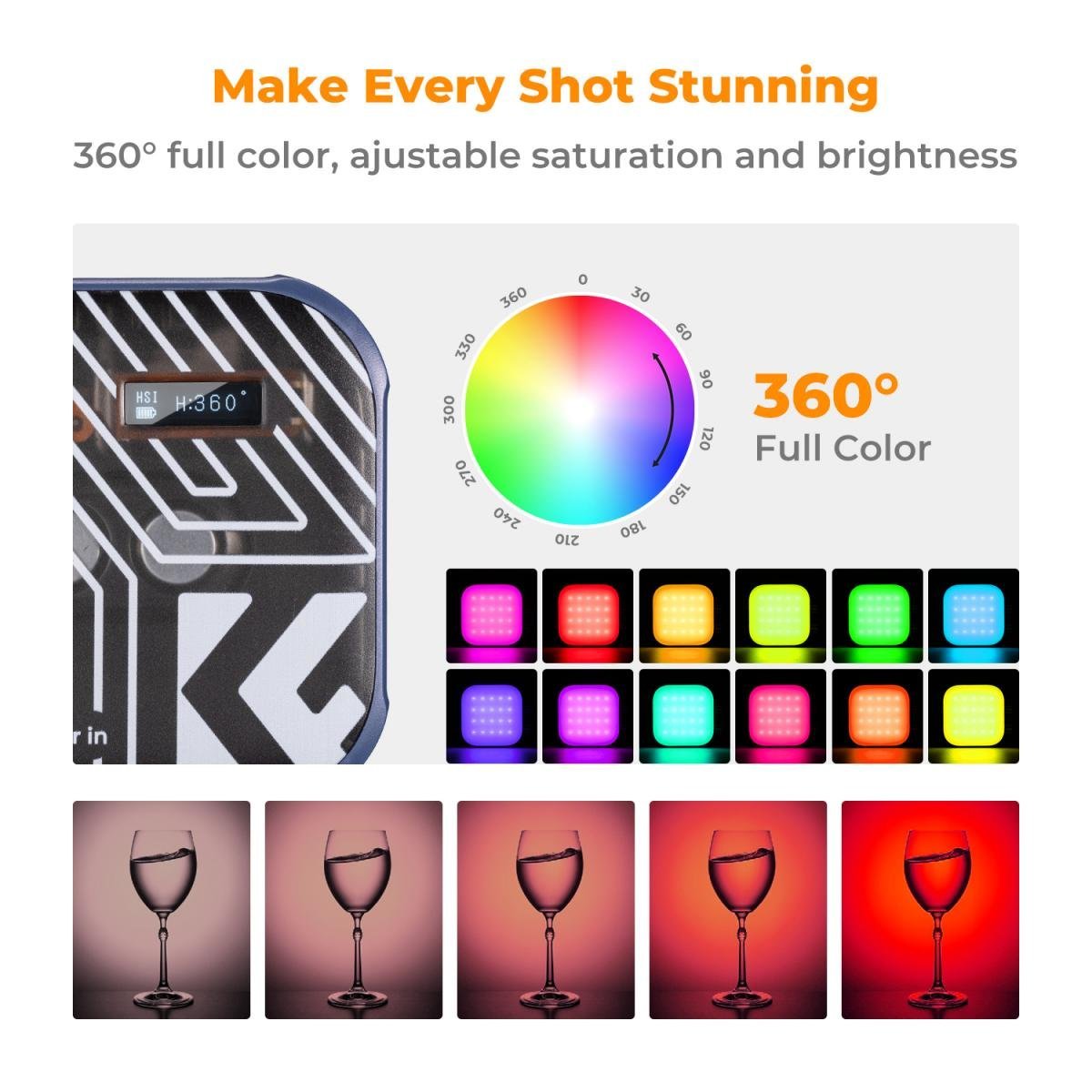 K&F Concept RGB Video Light, 360° Full Color Portable Photography Light, LED Camera Light w 21 Light Effects, 2500K-9900K CRI 96+, 2000mAh Rechargeable Photography Lighting for Vlogging, Selfie (Blue) - Gambar 7