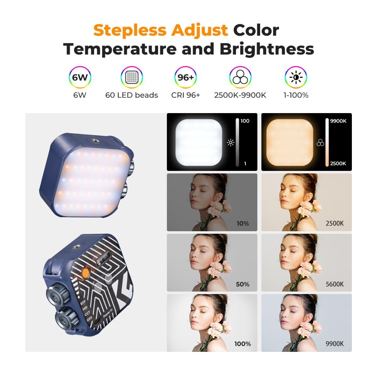 K&F Concept RGB Video Light, 360° Full Color Portable Photography Light, LED Camera Light w 21 Light Effects, 2500K-9900K CRI 96+, 2000mAh Rechargeable Photography Lighting for Vlogging, Selfie (Blue) - Gambar 6