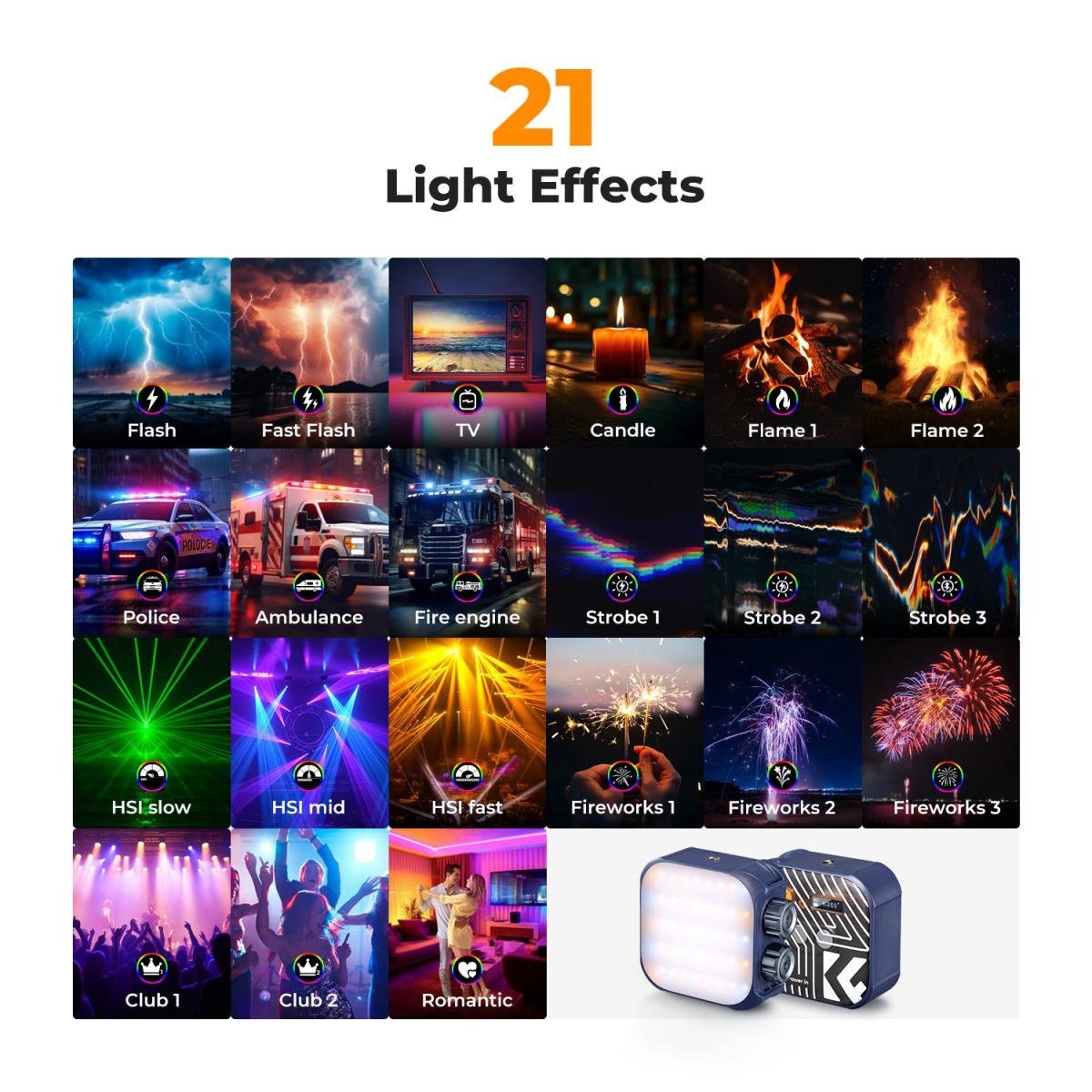 K&F Concept RGB Video Light, 360° Full Color Portable Photography Light, LED Camera Light w 21 Light Effects, 2500K-9900K CRI 96+, 2000mAh Rechargeable Photography Lighting for Vlogging, Selfie (Blue) - Gambar 5