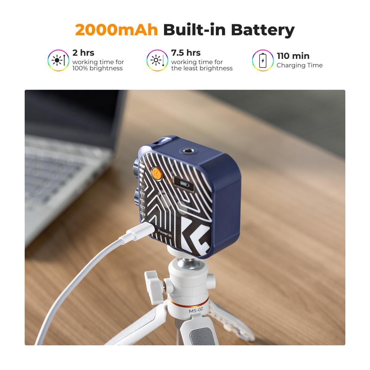 K&F Concept RGB Video Light, 360° Full Color Portable Photography Light, LED Camera Light w 21 Light Effects, 2500K-9900K CRI 96+, 2000mAh Rechargeable Photography Lighting for Vlogging, Selfie (Blue) - Gambar 4